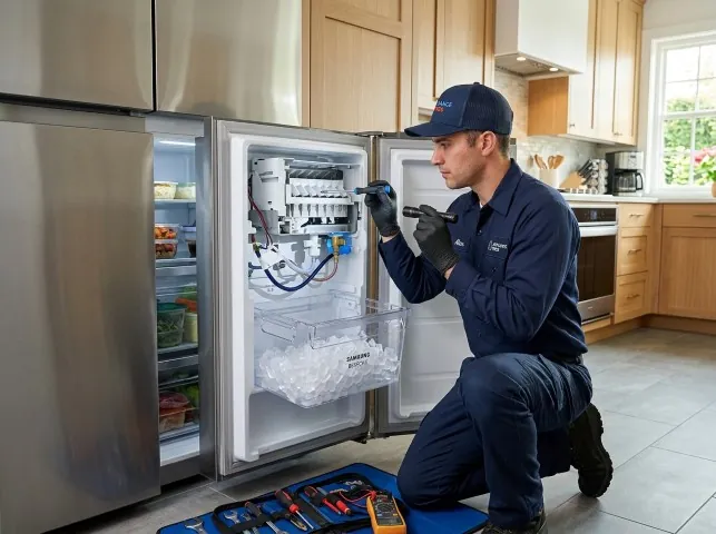 Appliance Repair Hero technician repairing a refrigerator ice maker in Arkabutla, MS