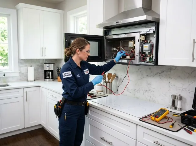 Appliance Repair Hero technician testing an over-the-range microwave in a Arkabutla, MS kitchen