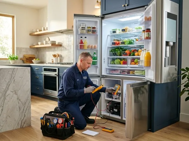 Appliance Repair Hero refrigerator technician testing a fridge on a Arkabutla, MS service call